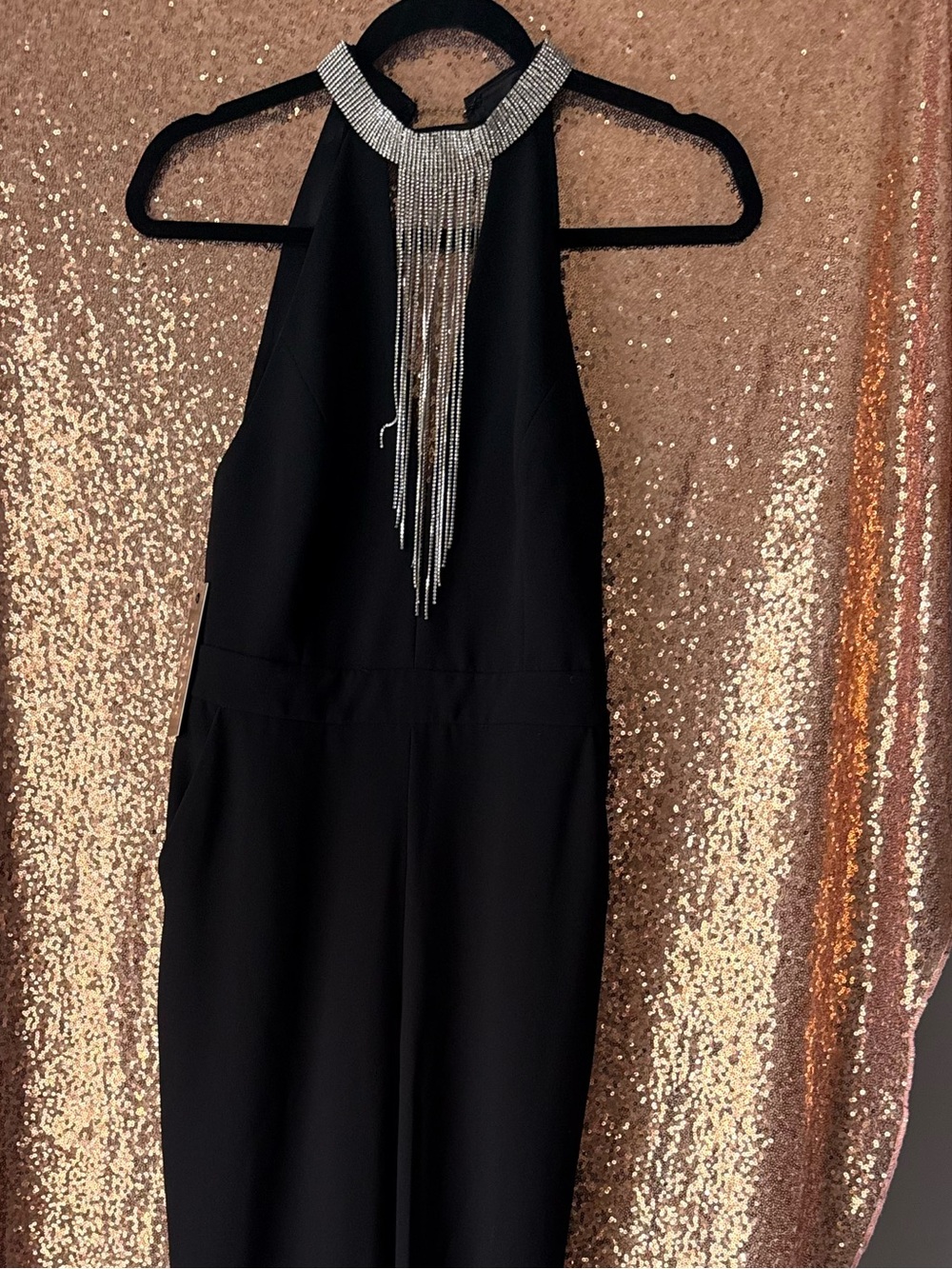 Elegant Black Halter Jumpsuit with Silver Fringe Neckline MARCIANO